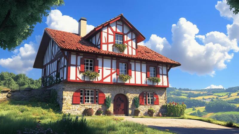 Peinture rouge basque sur façade traditionnelle du Pays Basque, reflétant l'héritage culturel et l'architecture locale